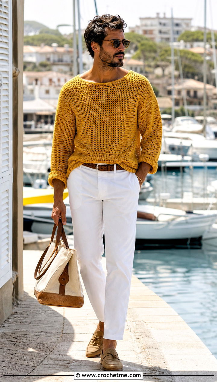 Boat Neck Crochet Jumper With White Jeans - 35 men crochet jumper outfit ideas