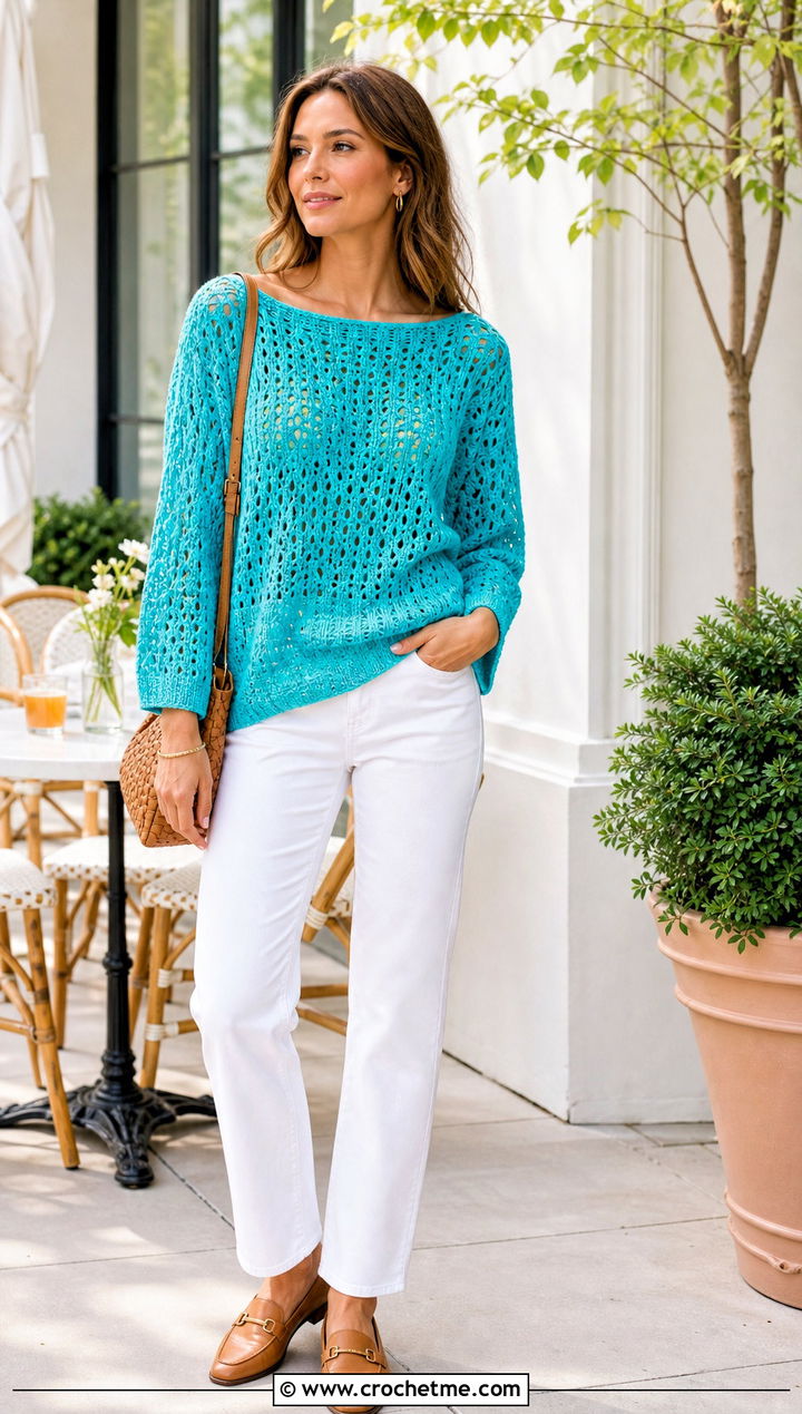 Boat Neck Crochet Jumper With White Jeans - 25 crochet jumper for women outfit ideas