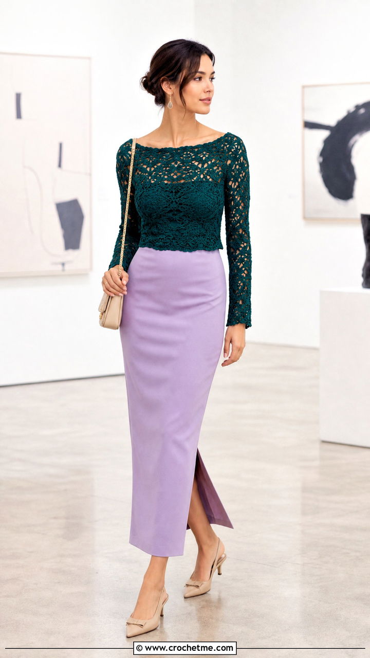 Boat Neck Crochet Lace Blouse With Column Skirt - 35 crochet lace blouse outfit ideas