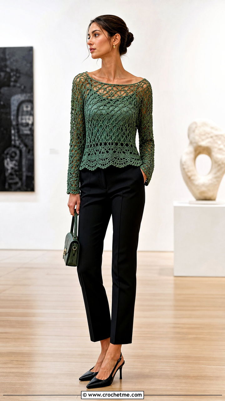 Boat Neck Crochet Lace Top With Cigarette Pants - 35 crochet lace top outfit ideas