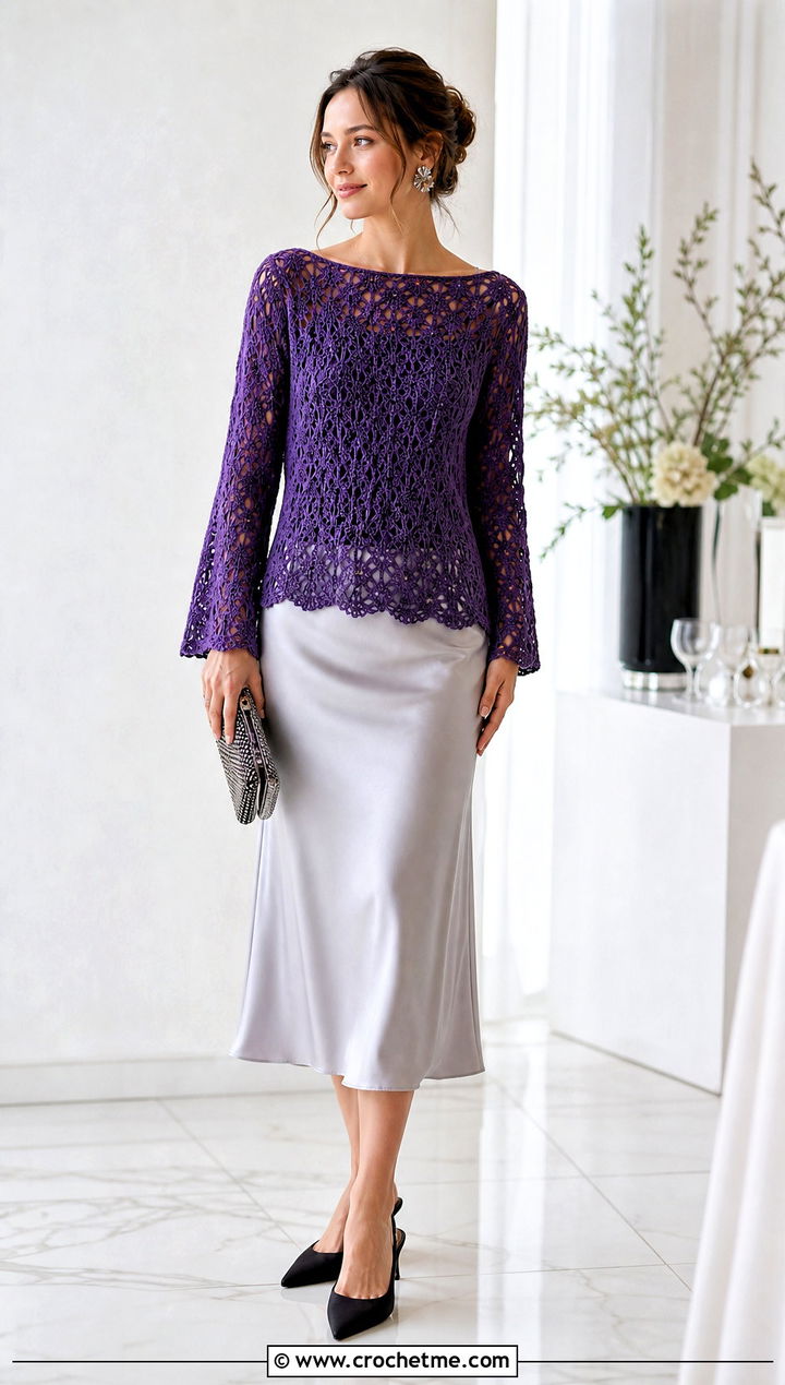 Boat Neck Crochet Lacy Sweater With Satin Midi Skirt - 25 crochet lacy sweater outfit ideas