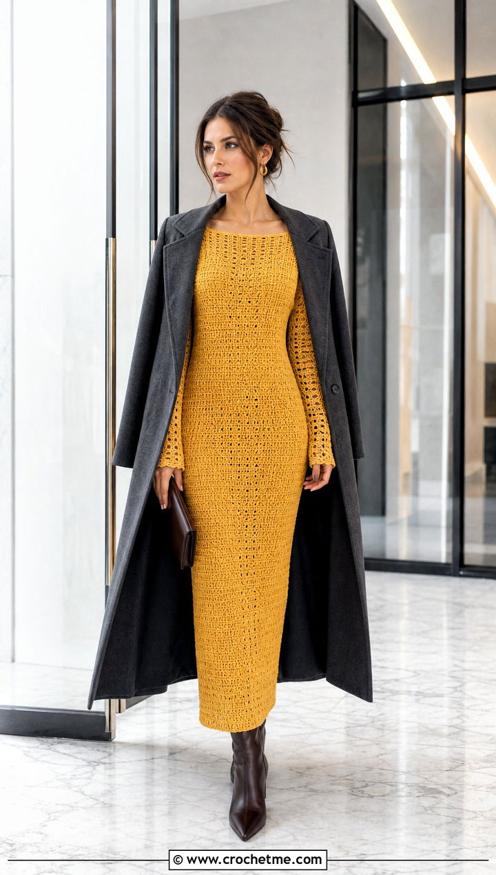 Boat Neck Crochet Long Sleeve Column Dress With Long Coat - 25 crochet long sleeve dress outfit ideas