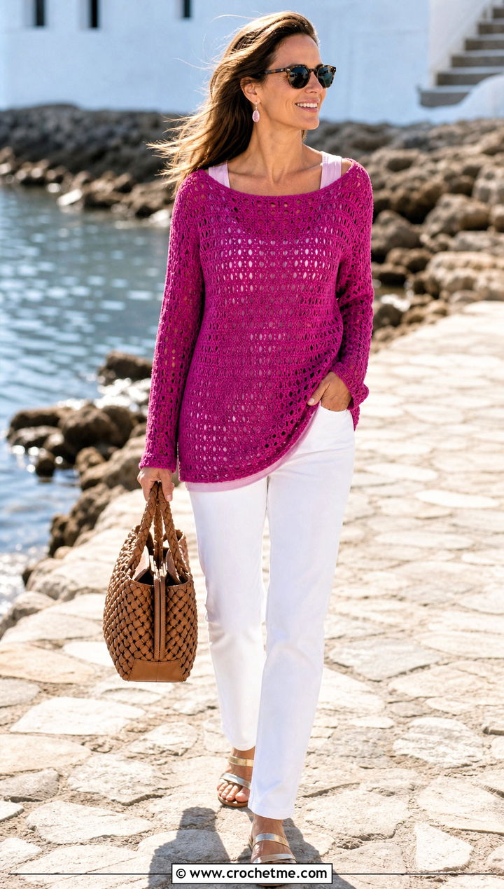 Boat Neck Crochet Long Sleeve Tunic With White Jeans - 15 Crochet Long Sleeve Tunic outfit ideas
