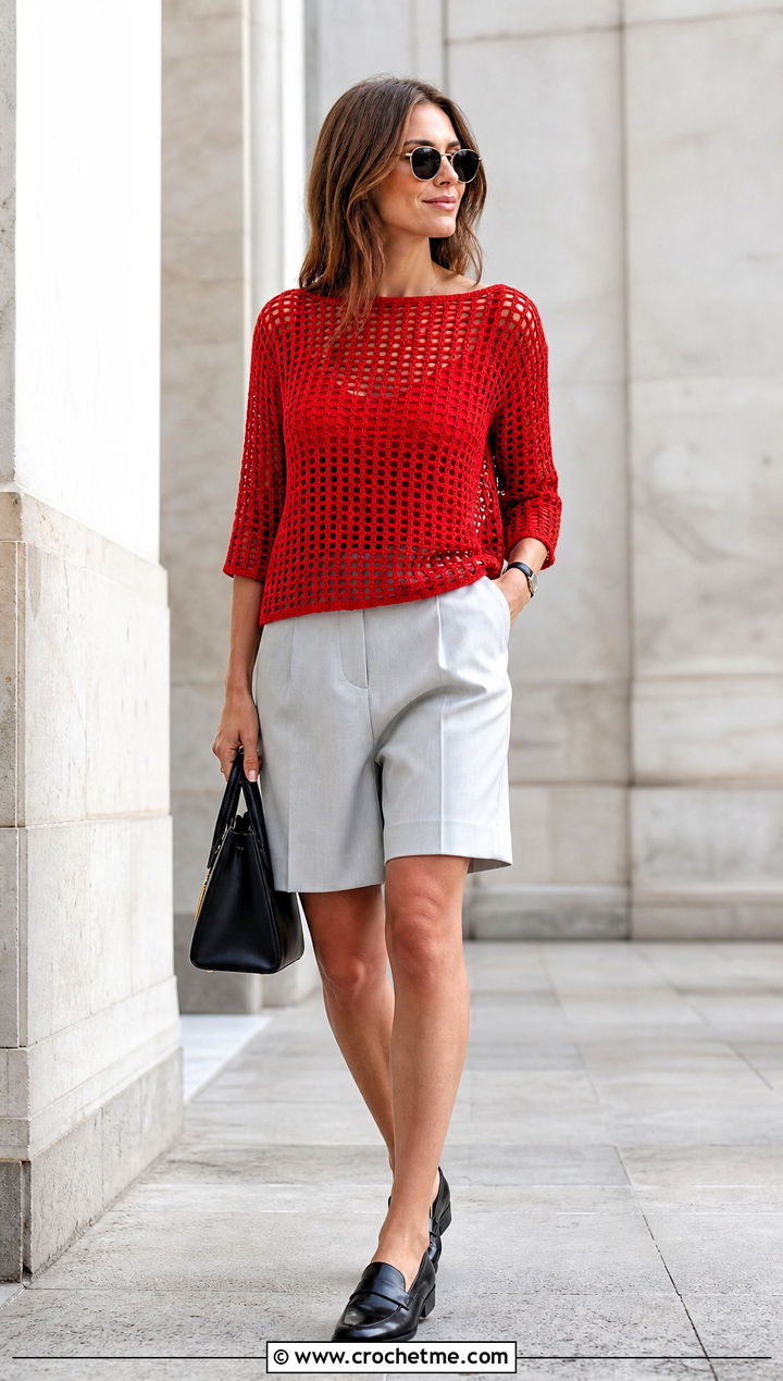 Boat Neck Crochet Mesh Top With Bermuda Shorts - 30 crochet summer mesh top outfit ideas