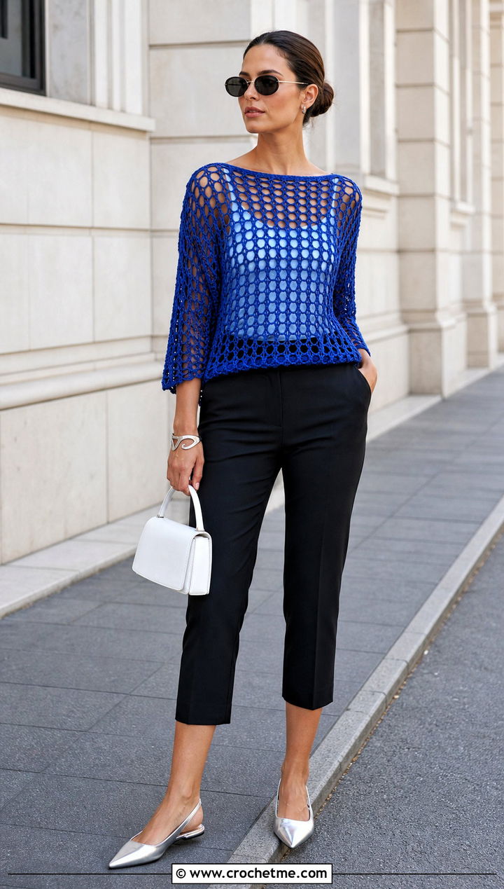 Boat Neck Crochet Mesh Top With Capri Pants - 15 Crochet Mesh Summer Top outfit ideas