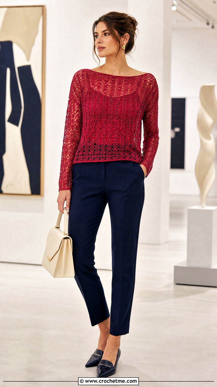 Boat Neck Crochet Mesh Top With Cigarette Pants - 35 crochet mesh top outfit ideas