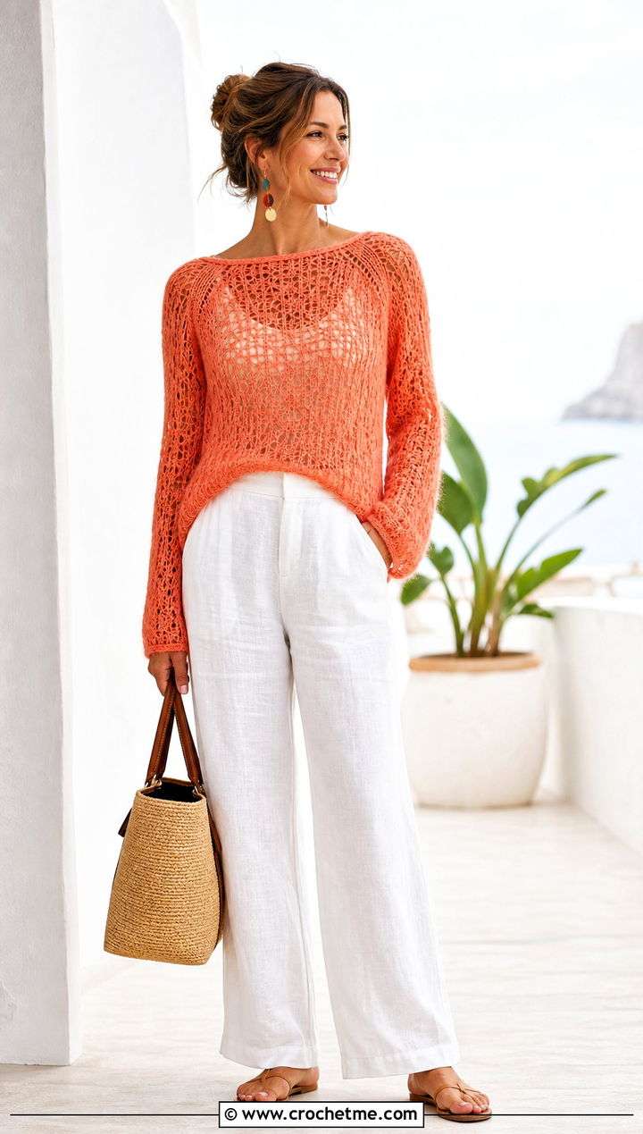 Boat Neck Crochet Mohair Raglan Sweater With Linen Pants - 15 Crochet Mohair Raglan Sweater outfit ideas