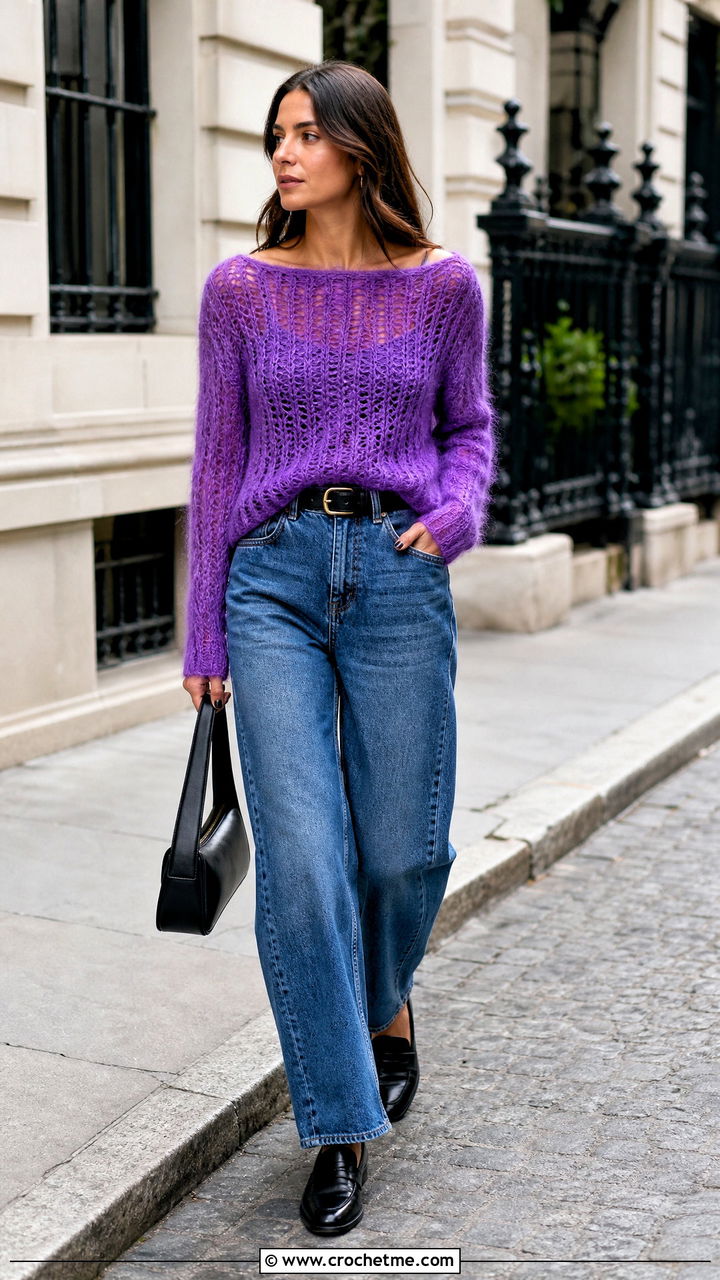 Boat Neck Crochet Mohair Top With Barrel Leg Jeans - 35 crochet mohair top outfit ideas