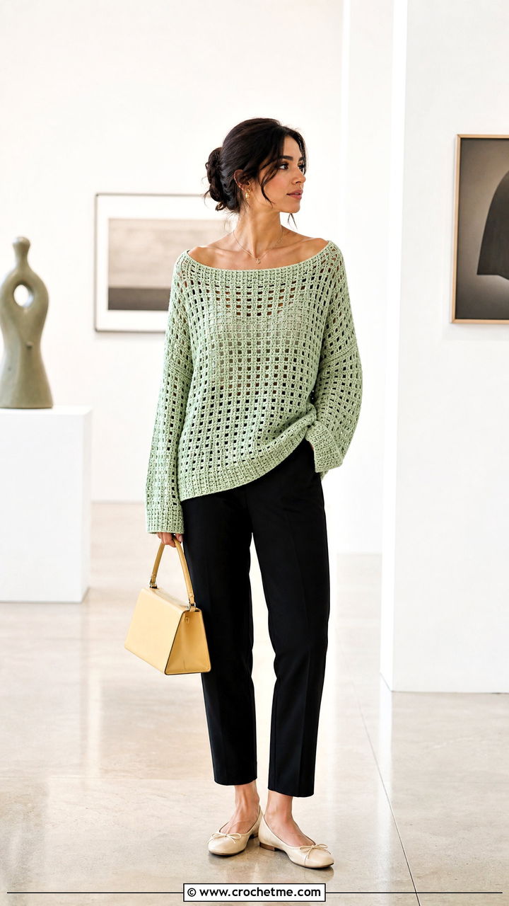 Boat Neck Crochet Oversized Sweater With Cigarette Pants - 35 crochet oversized sweater outfit ideas