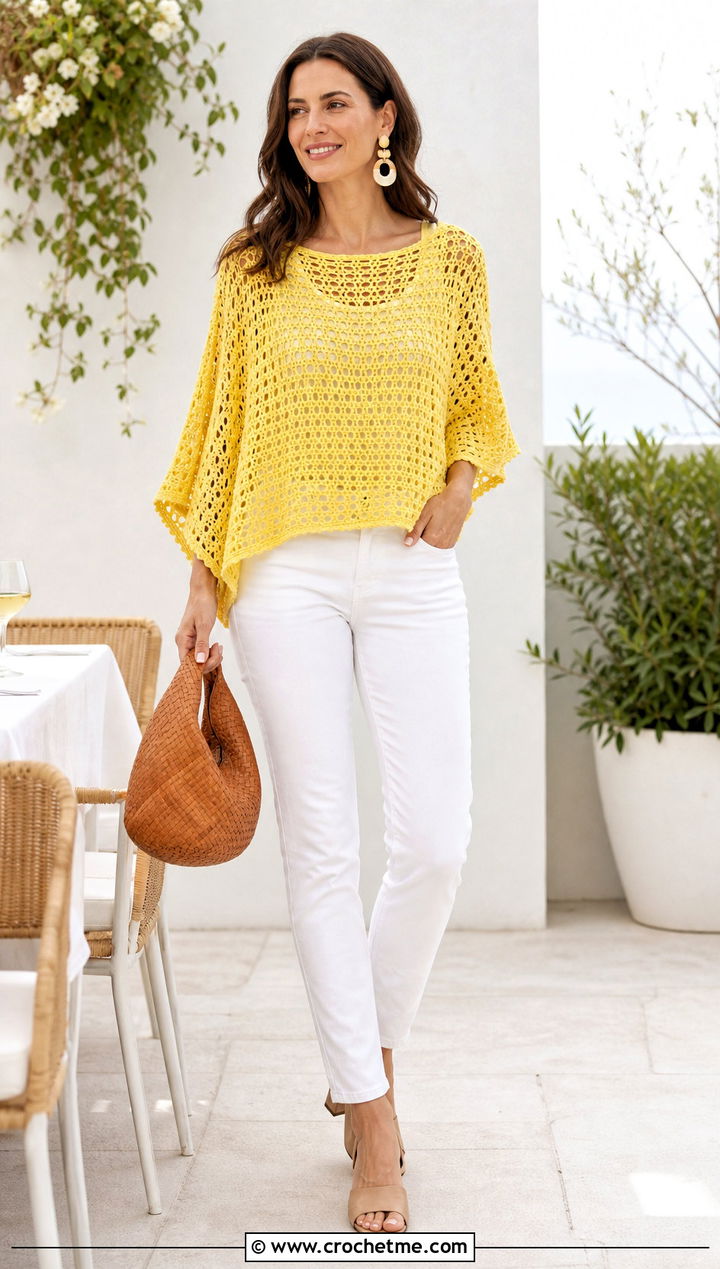 Boat Neck Crochet Poncho Top With White Jeans - 25 Crochet Poncho Top outfit ideas