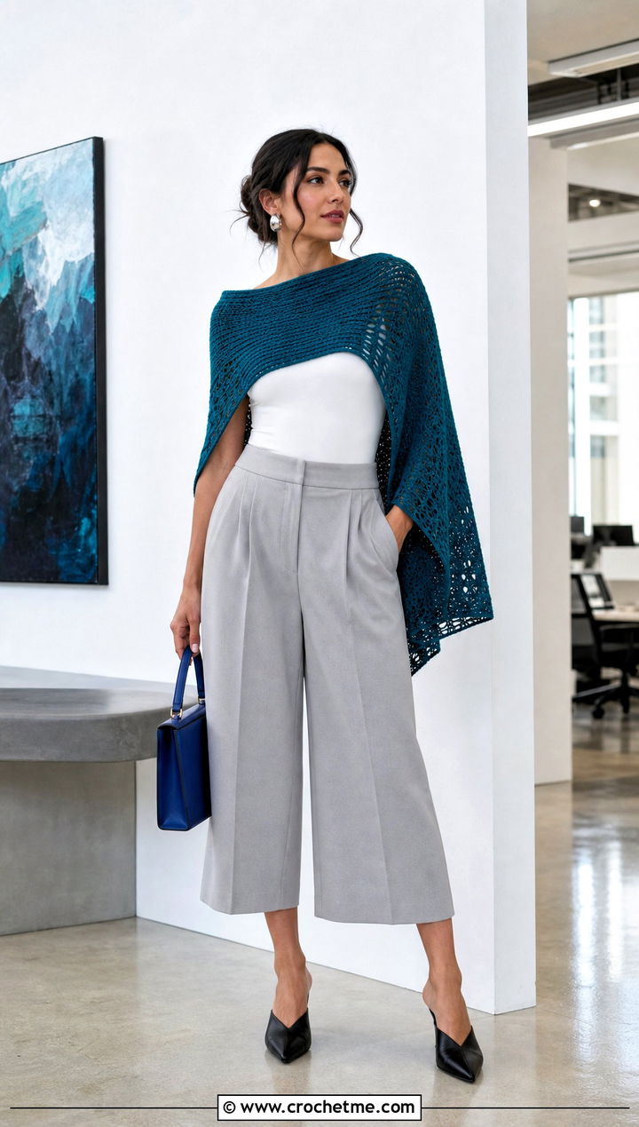 Boat Neck Crochet Poncho With Culottes - 25 Beginner Crochet Poncho outfit ideas