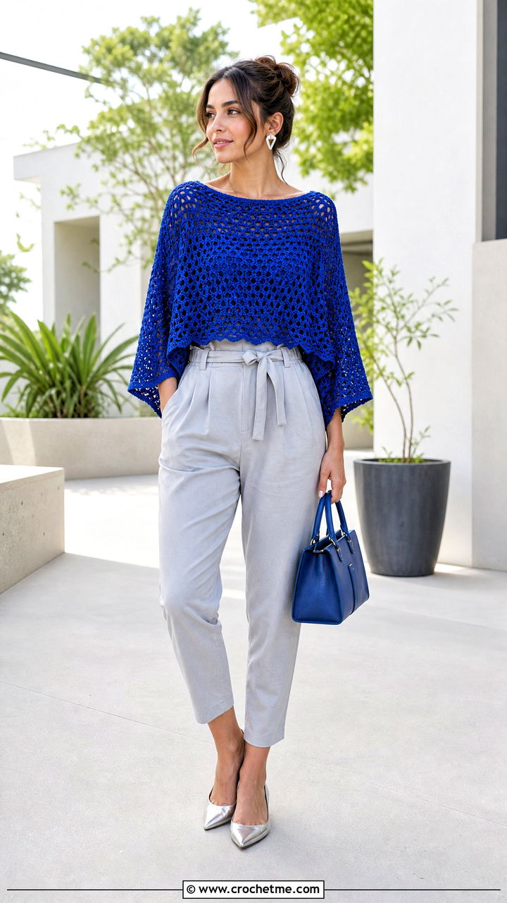 Boat Neck Crochet Poncho With Paperbag Waist Pants - 35 crochet poncho woman outfit ideas