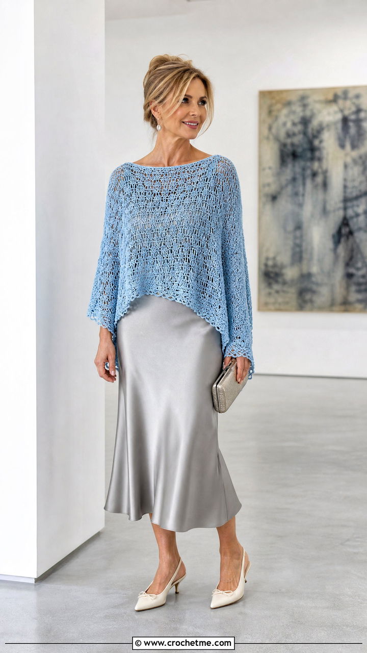 Boat Neck Crochet Poncho With Satin Midi Skirt - 35 easy crochet poncho woman outfit ideas