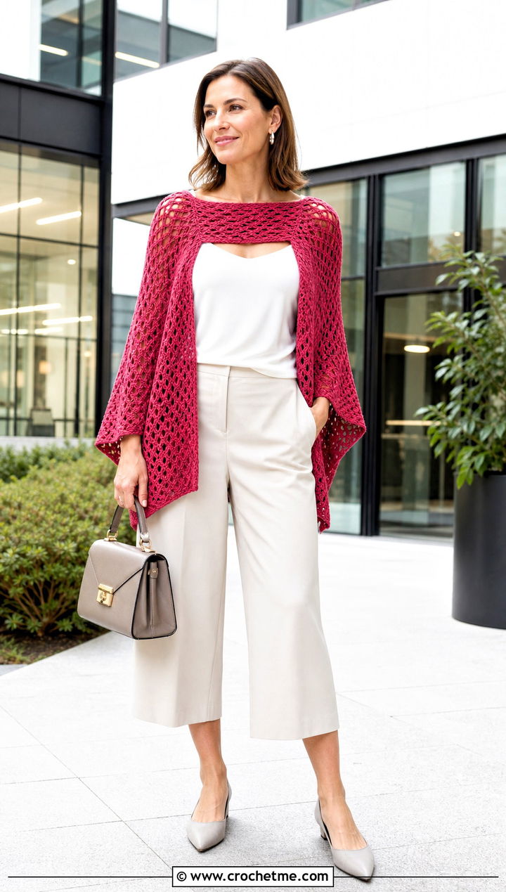 Boat Neck Crochet Poncho With Sleeves And Culottes - 30 crochet poncho with sleeves outfit ideas