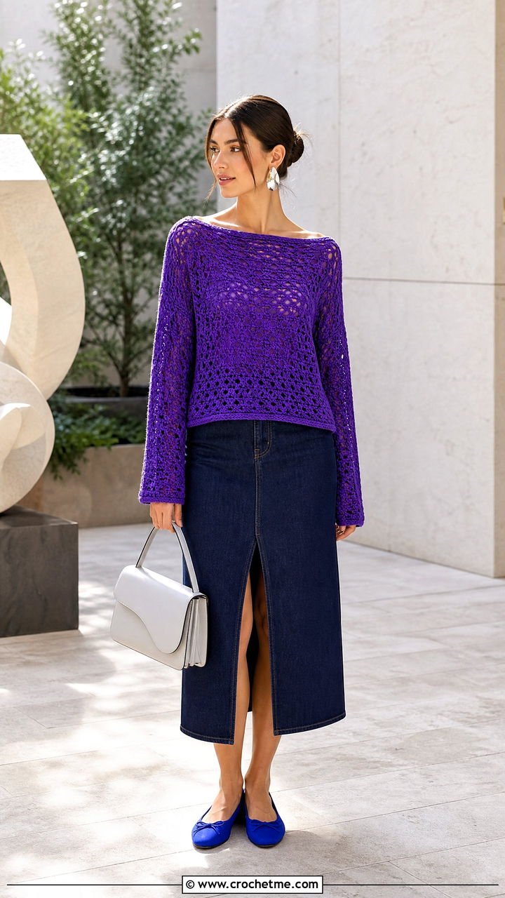 Boat Neck Crochet Pullover With Denim Midi Skirt - 35 crochet pullover outfit ideas