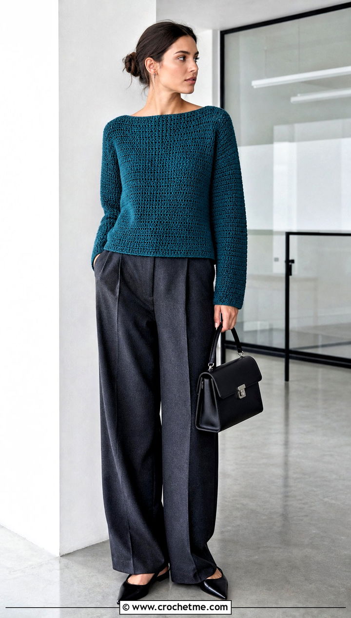 Boat Neck Crochet Pullover With Tailored Trousers - 30 Easy Crochet Pullover outfit ideas