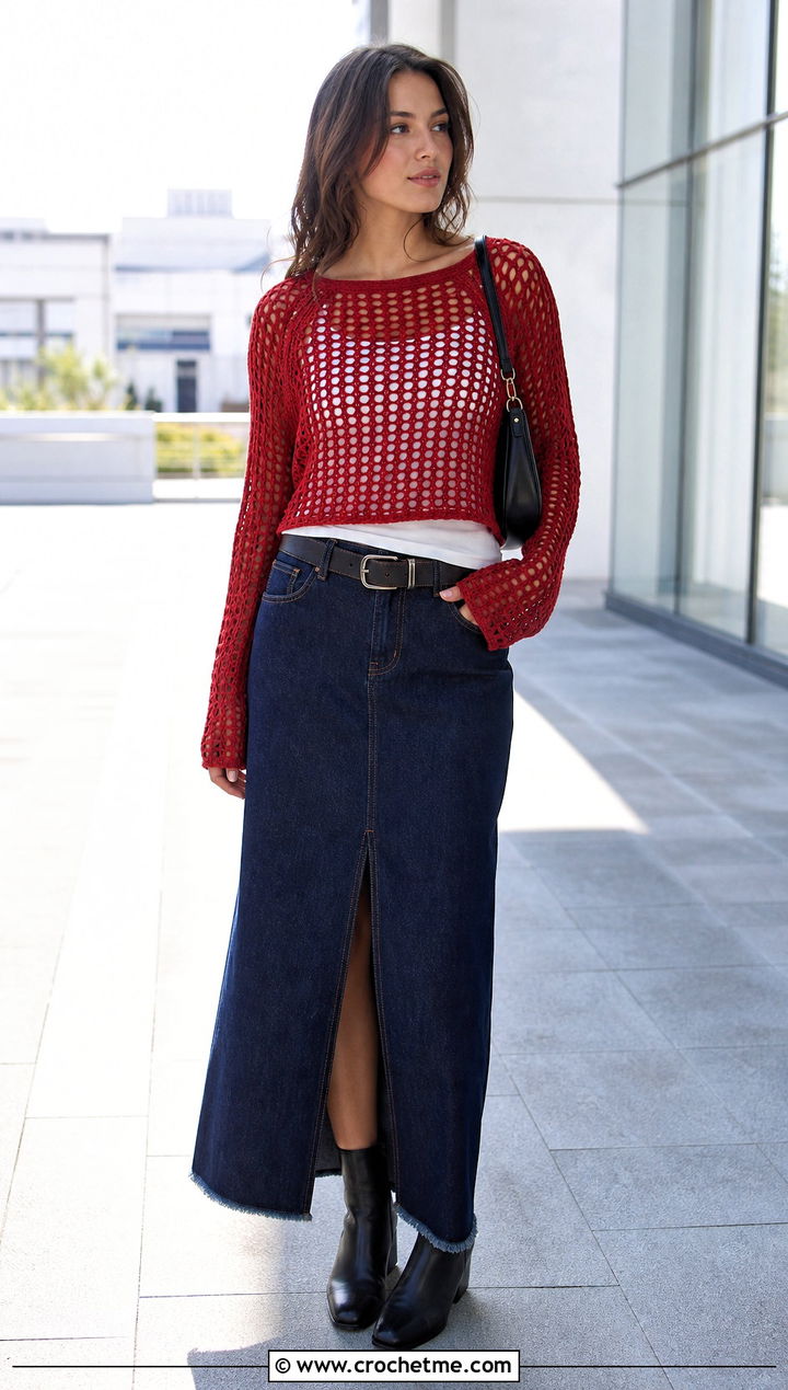 Boat Neck Crochet Raglan Mesh Top With Denim Maxi Skirt - 25 Crochet Raglan Mesh Top outfit ideas