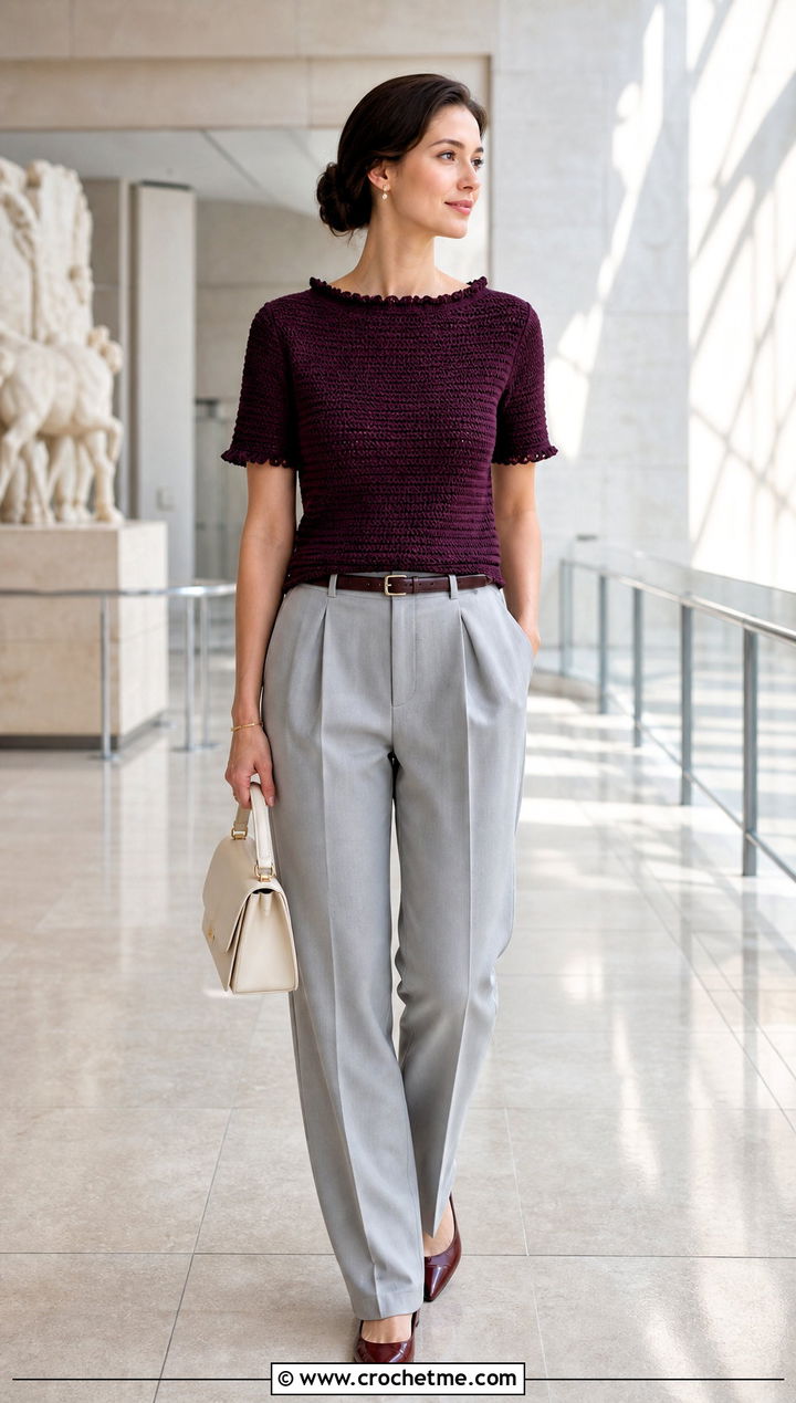 Boat Neck Crochet Ruffle Edging Top With Pleated Trousers - 15 Crochet Ruffle Edging Top outfit ideas