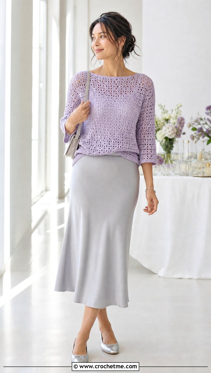 Boat Neck Crochet Shirt With Bias Midi Skirt - 30 easy crochet shirt outfit ideas