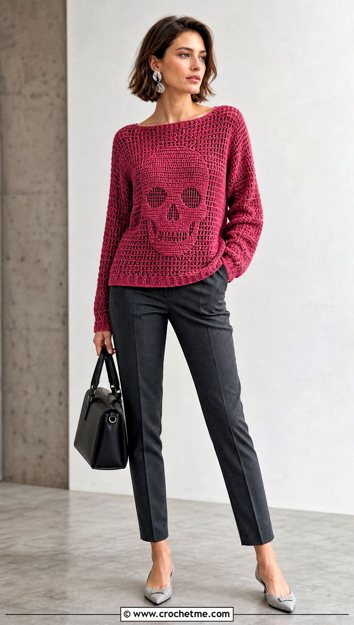 Boat Neck Crochet Skull Sweater With Cigarette Pants - 35 crochet skull sweater outfit ideas