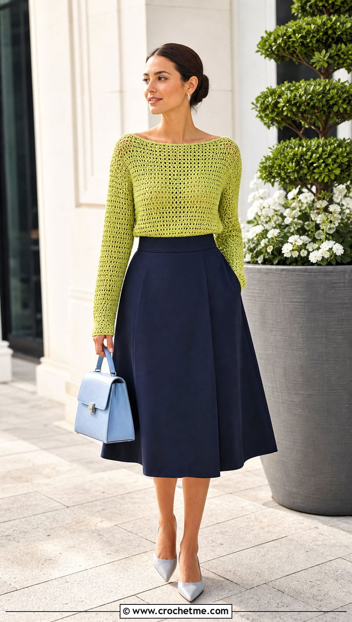 Boat Neck Crochet Sweater With A Line Skirt - 25 Woman Crochet Sweater outfit ideas