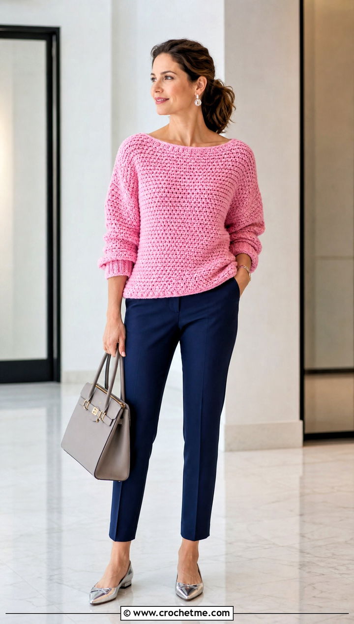 Boat Neck Crochet Sweater With Cigarette Pants And Ballet Flats - 25 chunky yarn crochet sweater outfit ideas