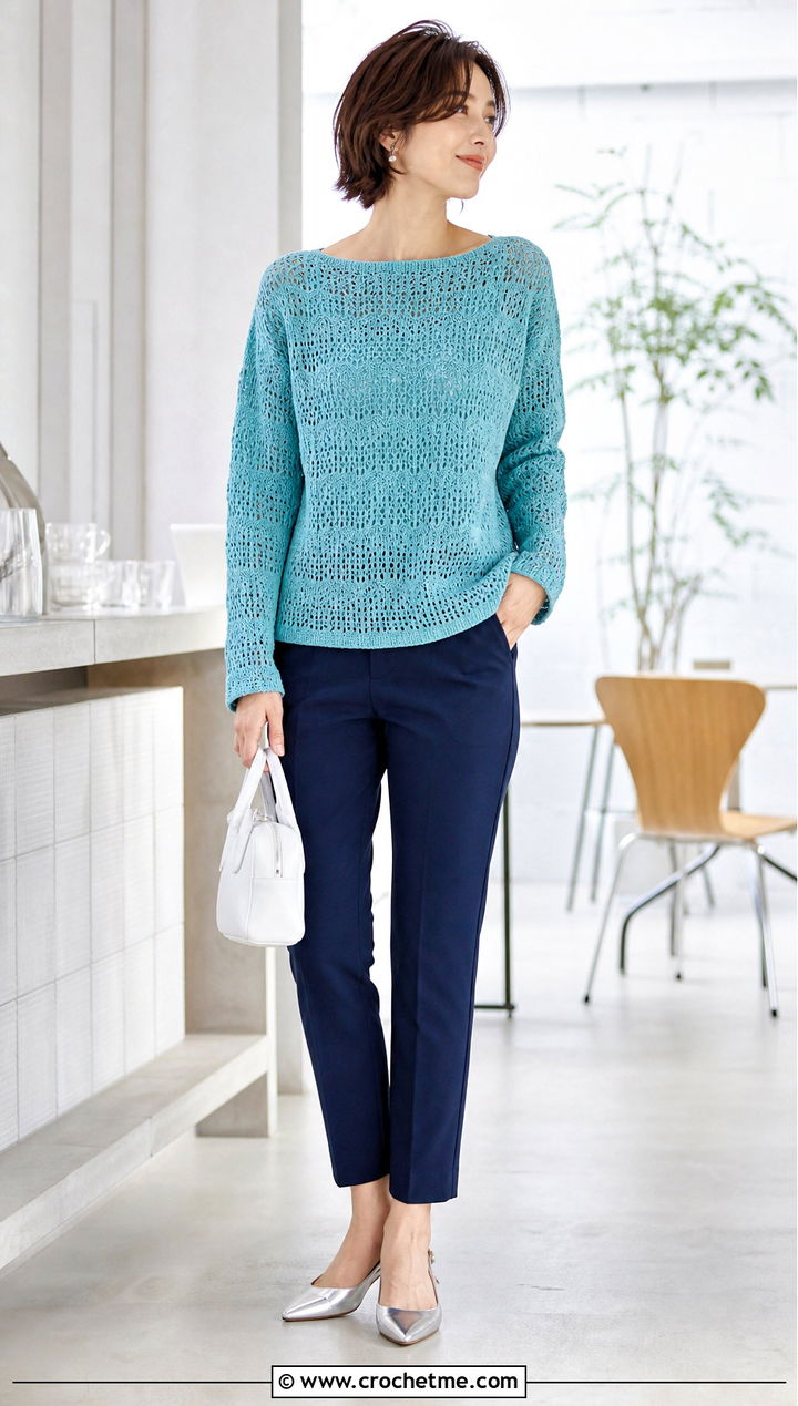 Boat Neck Crochet Sweater With Cigarette Pants - 30 Crocheted Sweater Outfit ideas