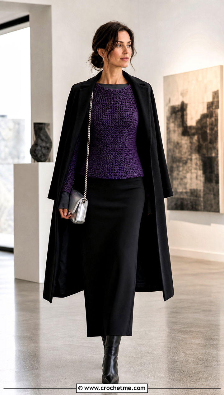 Boat Neck Crochet Sweater With Column Skirt - 30 winter crochet sweater outfit ideas
