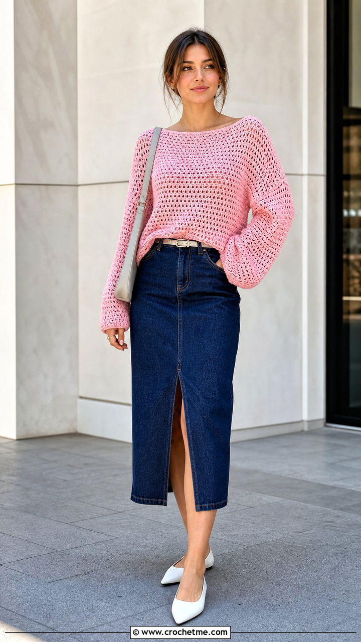 Boat Neck Crochet Sweater With Denim Midi Skirt - 35 crochet loose sweater outfit ideas