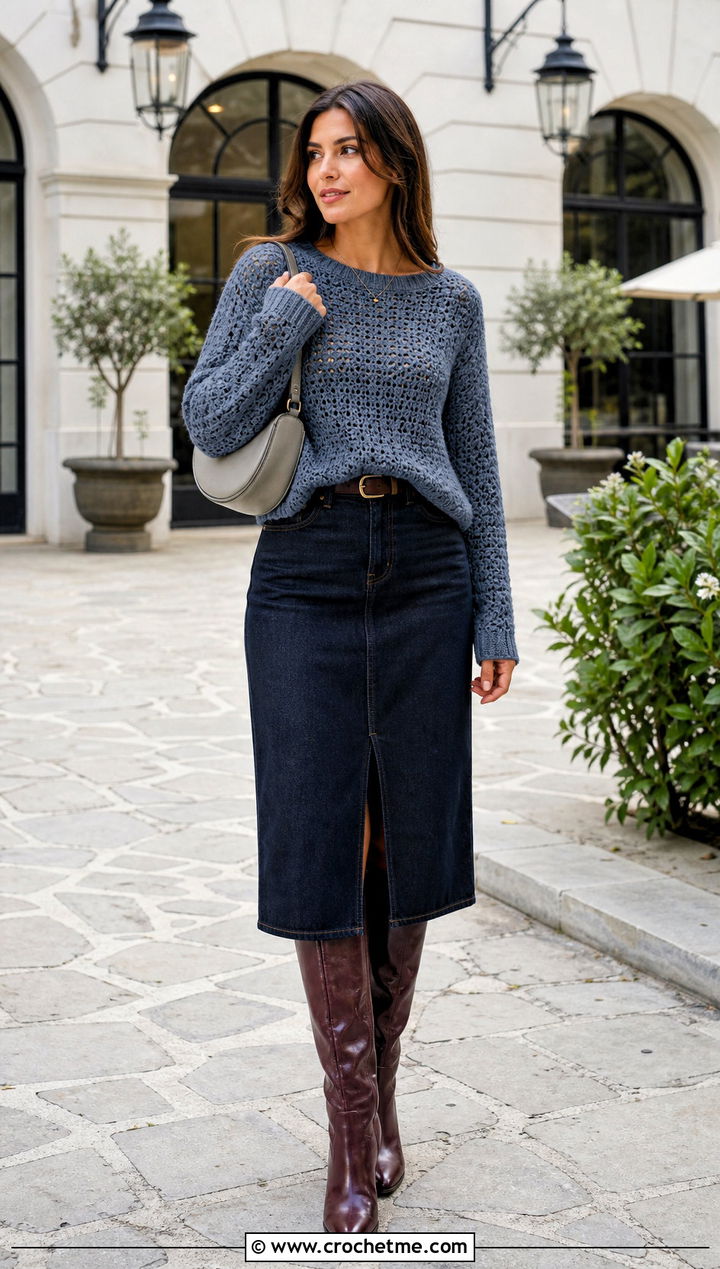 Boat Neck Crochet Sweater With Denim Midi Skirt - 30 fall crochet sweaters outfit ideas