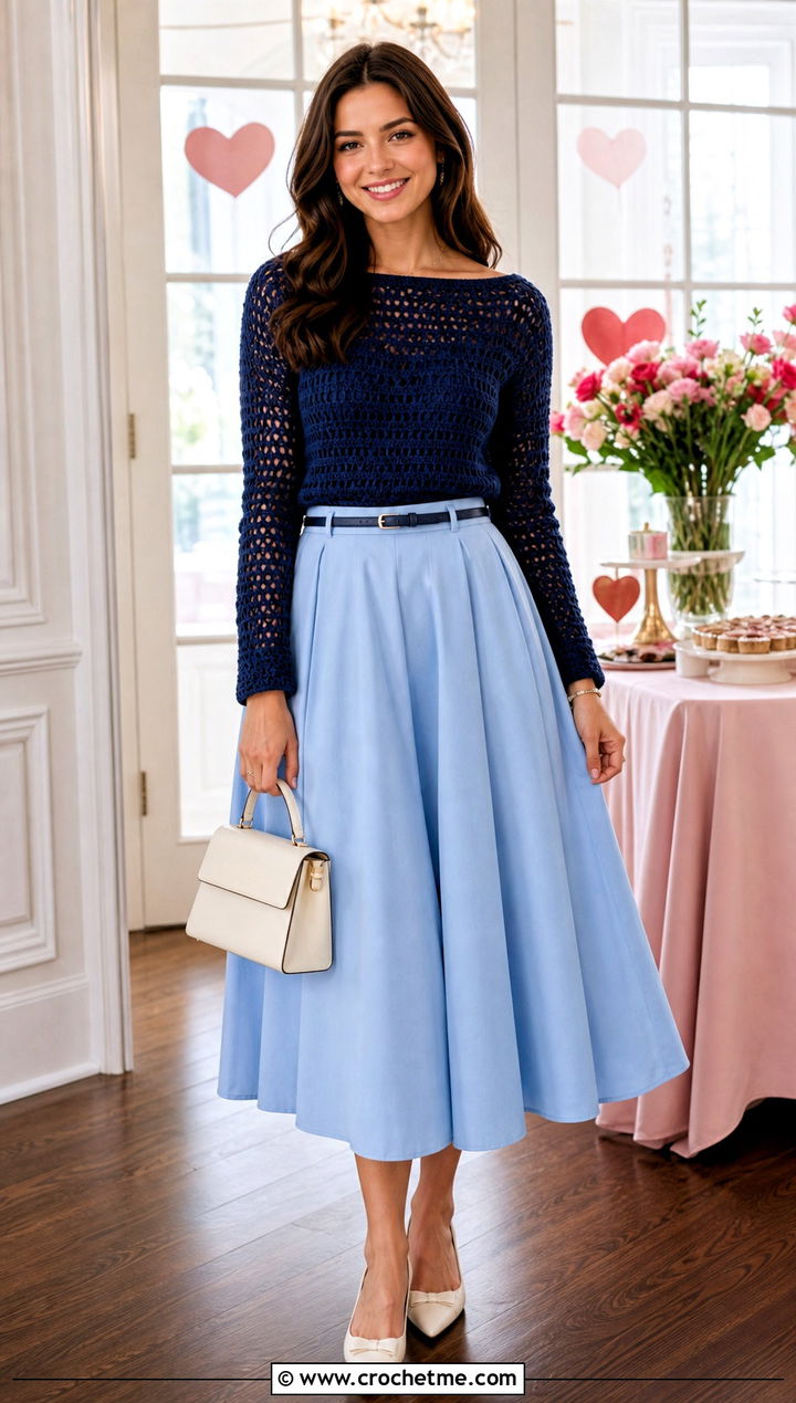 Boat Neck Crochet Sweater With Full Midi Skirt - 25 Valentines Day Crochet Sweater outfit ideas