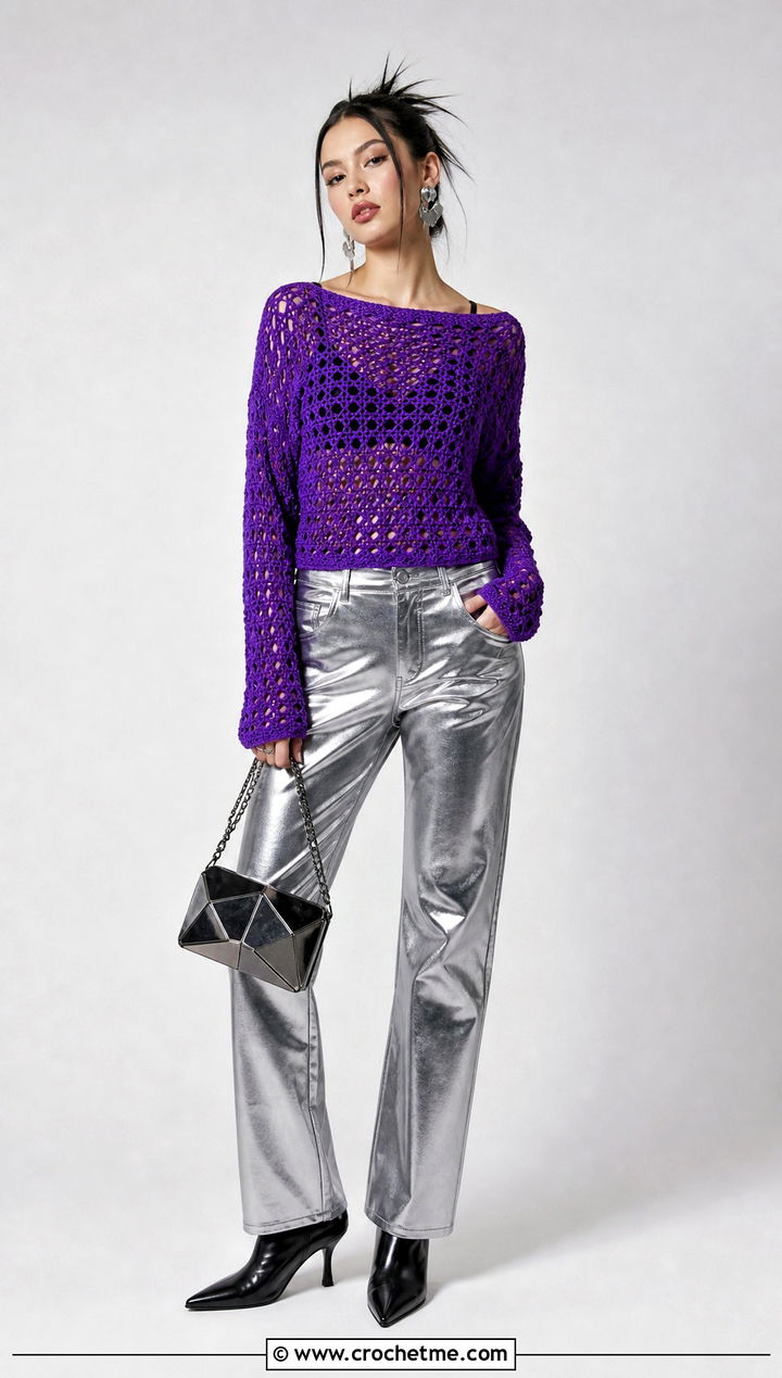 Boat Neck Crochet Sweater With Metallic Pants - 25 alt crochet sweater outfit ideas