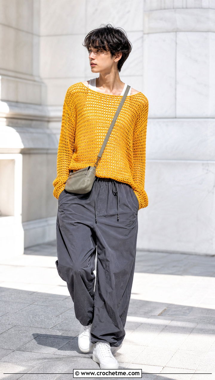 Boat Neck Crochet Sweater With Parachute Pants - 25 unisex crochet sweater outfit ideas