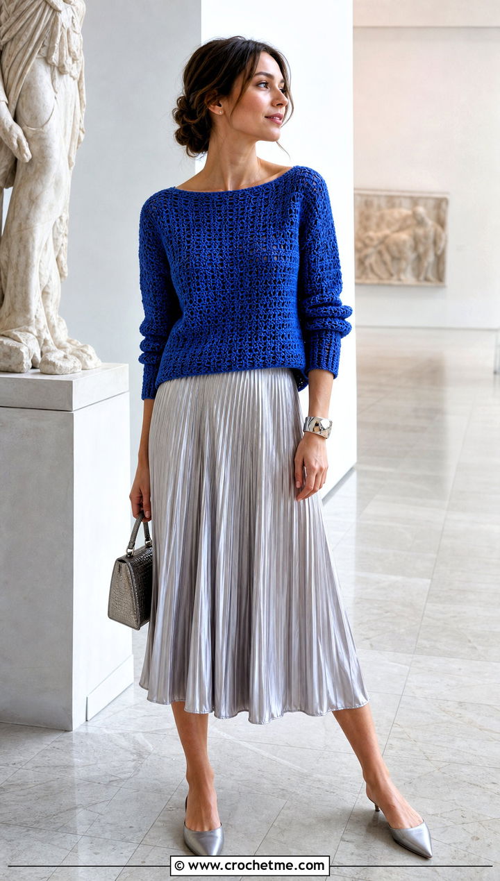 Boat Neck Crochet Sweater With Pleated Midi Skirt - 25 Boho Crochet Sweater outfit ideas