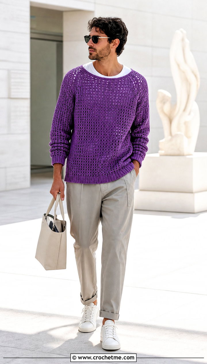 Boat Neck Crochet Sweater With Relaxed Chinos - 35 men's crochet sweater ideas