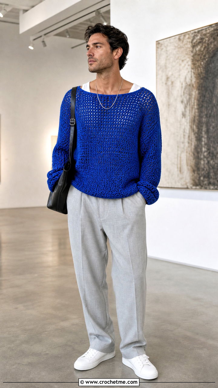 Boat Neck Crochet Sweater With Relaxed Suit Pants - 35 crochet mens sweater outfit ideas