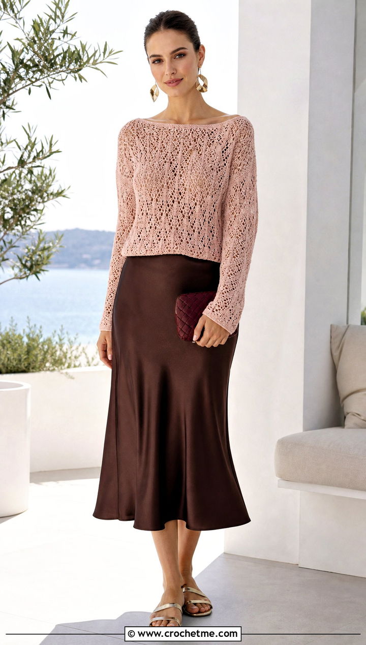 Boat Neck Crochet Sweater With Satin Midi Skirt - 15 Summer Style Crochet Sweater outfit ideas