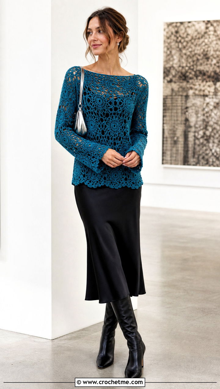 Boat Neck Crochet Sweater With Slip Dress - 30 cozy crochet sweater outfit ideas