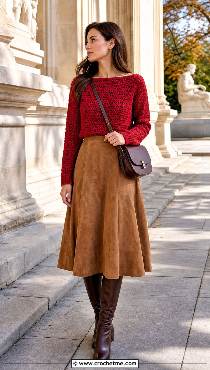 Boat Neck Crochet Sweater With Suede Midi Skirt - 20 Autumn Crochet Sweater outfit ideas