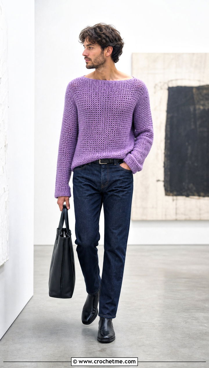 Boat Neck Crochet Sweater With Tailored Jeans - 35 crochet man sweaters outfit ideas