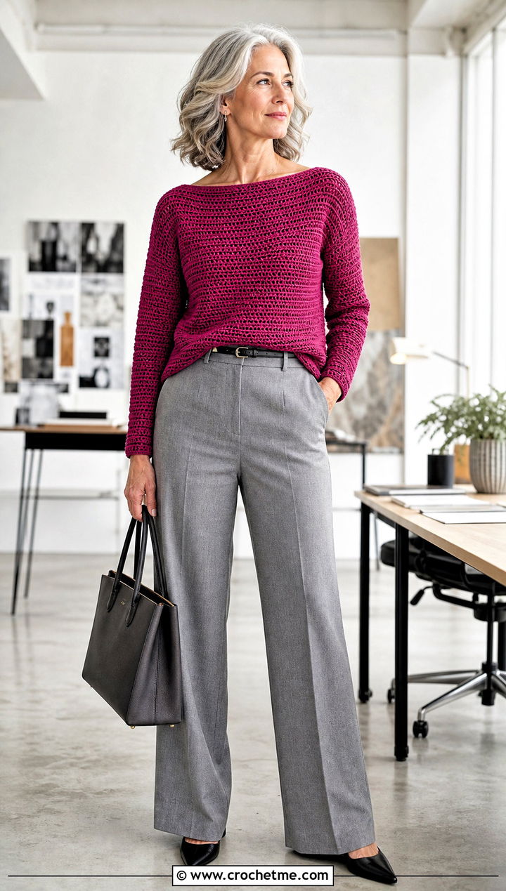 Boat Neck Crochet Sweater With Tailored Trousers - 15 Boho Style Crochet Sweater outfit ideas