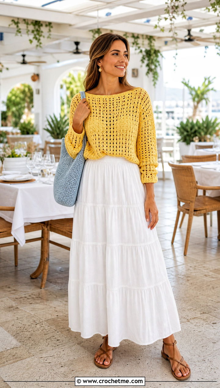 Boat Neck Crochet Sweater With Tiered Maxi Skirt - 25 crochet sweater and skirt outfit ideas
