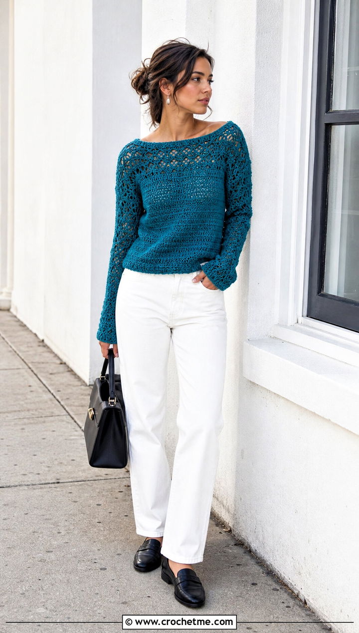 Boat Neck Crochet Sweater With White Denim - 25 90s crochet sweater outfit ideas