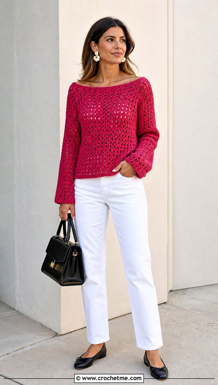 Boat Neck Crochet Sweater With White Jeans - 30 knit look crochet sweater outfit ideas