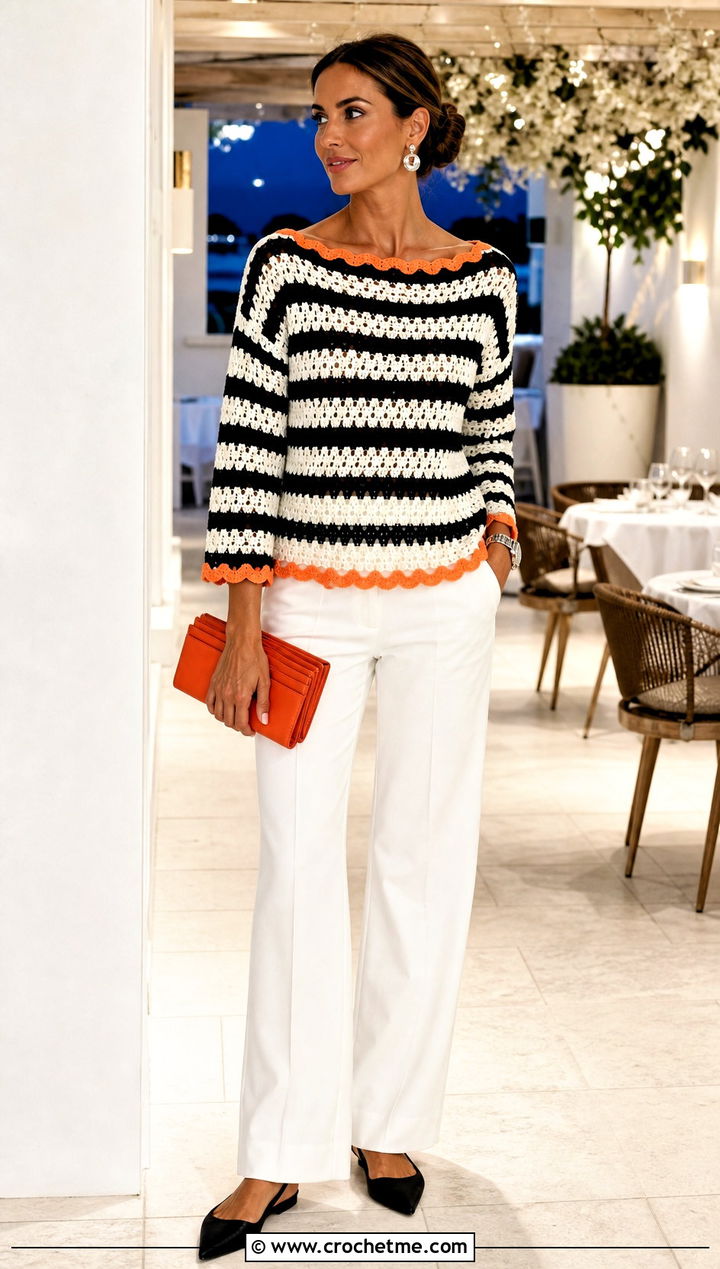 Boat Neck Crochet Sweater With White Trousers - 35 black and white crochet sweater outfit ideas