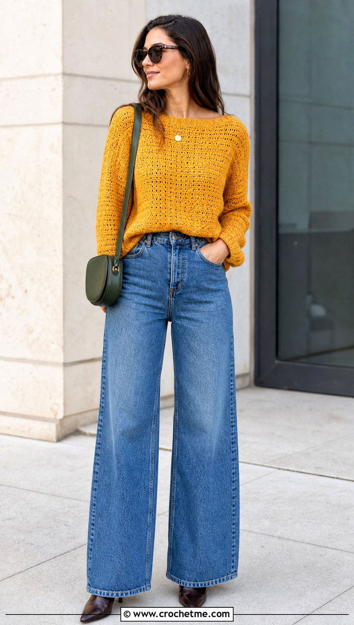 Boat Neck Crochet Sweater With Wide Leg Jeans - 25 Crochet For Sweaters For Women outfit ideas