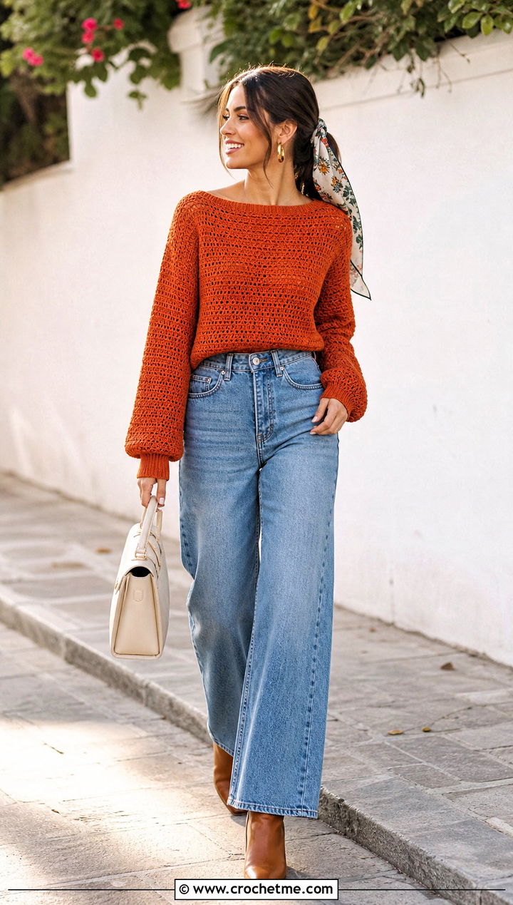 Boat Neck Crochet Sweater With Wide Leg Jeans - 15 Crochet Sweater 70S outfit ideas