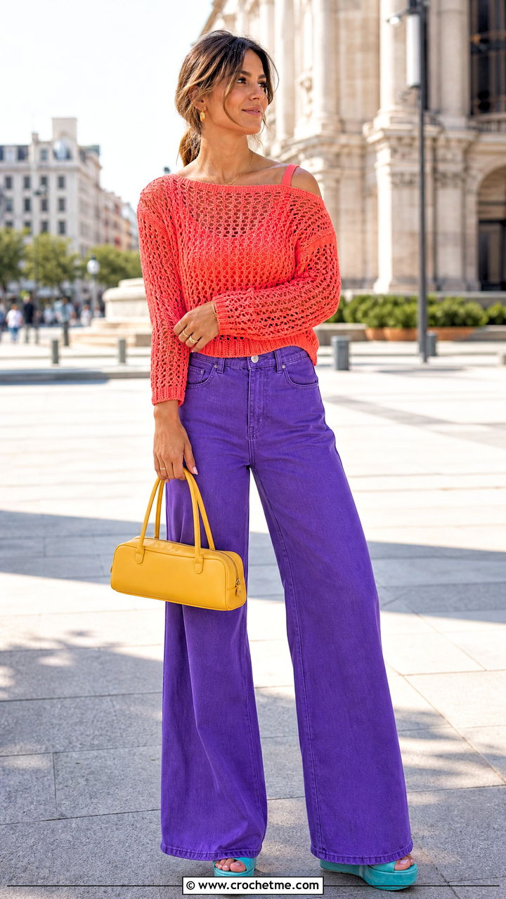 Boat Neck Crochet Sweater With Wide Leg Jeans - 35 crochet sweater design outfit ideas