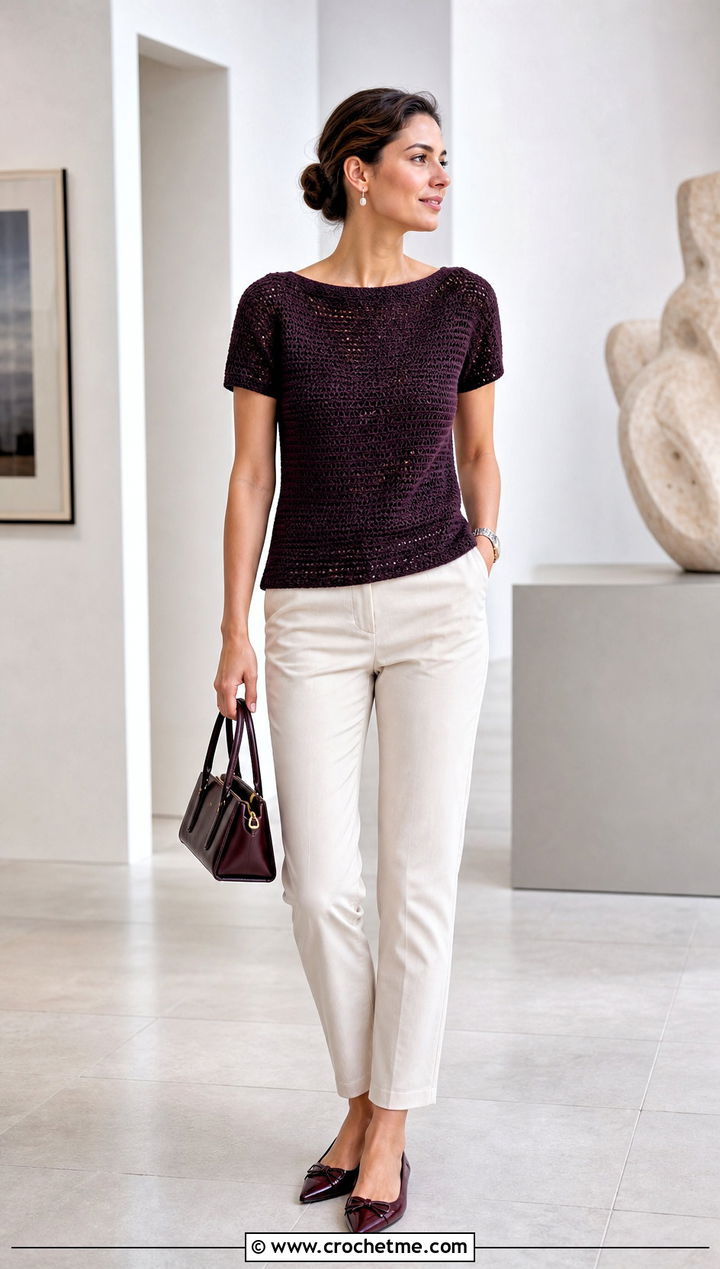 Boat Neck Crochet T Shirt With Cigarette Pants - 30 crochet t shirts outfit ideas