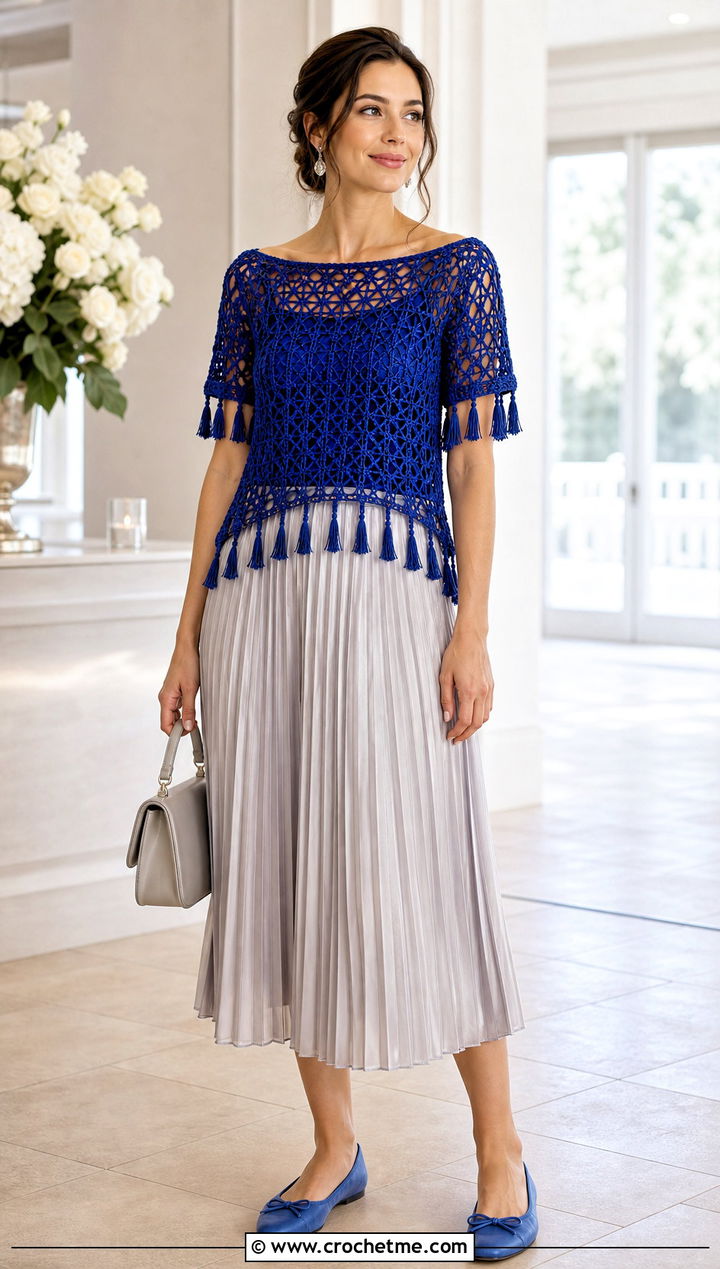 Boat Neck Crochet Tassel Top With Pleated Midi Skirt - 25 crochet top with tassels outfit ideas
